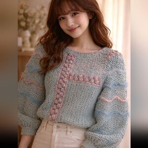 Hand Knitted Baby Blue Pink Detail Sweater